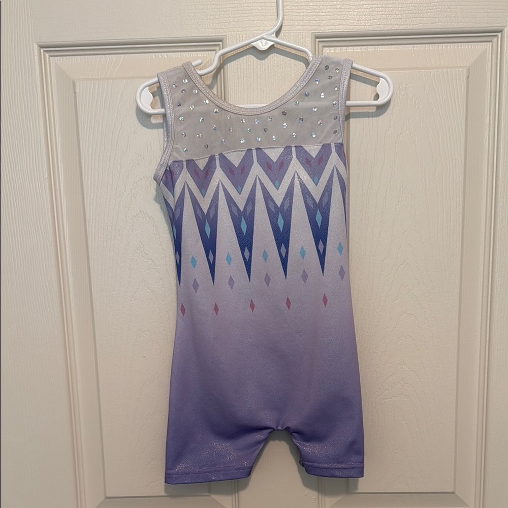 Purple and White Sleeveless Gymnastics Leotard with Rhinestones 4T 🤸